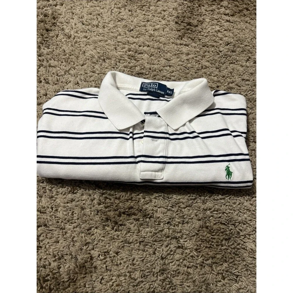 Polo Ralph Lauren Polo Shirt Mens XXL Knit Cotton White Blue‎ Stripes